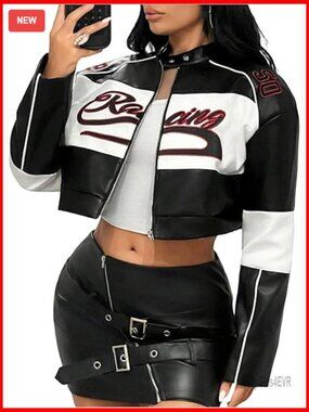 Faux Leather Crop Jacket with Graphic Print, Long Sleeve, Zipper Closure